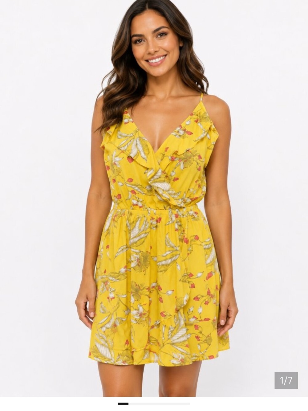 Express Yellow Floral Faux Wrap Mini Dress Size S⁠